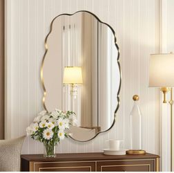 Brushed Gold Wavy Oval Scalloped Mirror - 24x32 Wavy Modern Bathroom Mirror, Brass Anti-Rust Stainless Steel Frame, Hang Vertical or Horizontal. К296