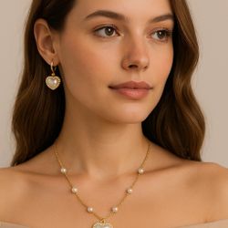 Heart Pearl Necklace & Earring Set - New in Box