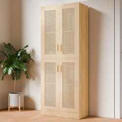 Kitchen Pantry Cabinet, 71" Tall Rattan Doors Storage Cabinet and Adjustable Shelves, Modern Farmhouse Wood Cupboard Utility Hutch for Kitc