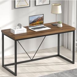 Modern Computer Desk, Rustic Wood and Metal Study Writing Table, Simple Work Gaming PC Desk for Home Office, Walnut 47 Inch
