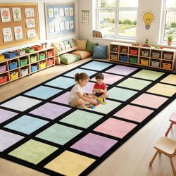 7.6x12 Ft Large Pastel Color Squares Classroom Rug Colorful Educational Area Mat Happy Squares Rainbow Color Themed Play Carpet Back To School Learnin