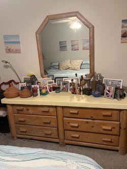 Bedroom set with dresser, mirror, six drawer, to end tables, and king bed with mattress, box, springs, and frame