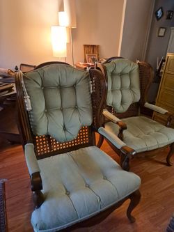 Furniture Vintage French Country Cane Back Armchairs - Pair (Sage Green)