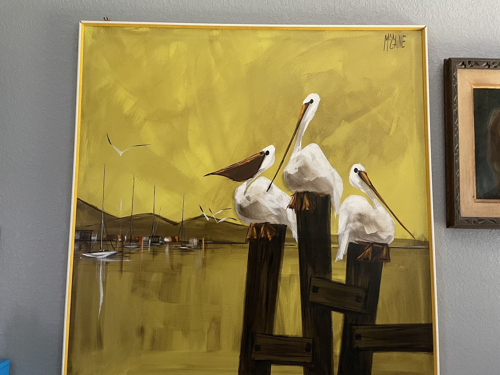 Robert McCaine Sunset Pelican Painting 1970s Large