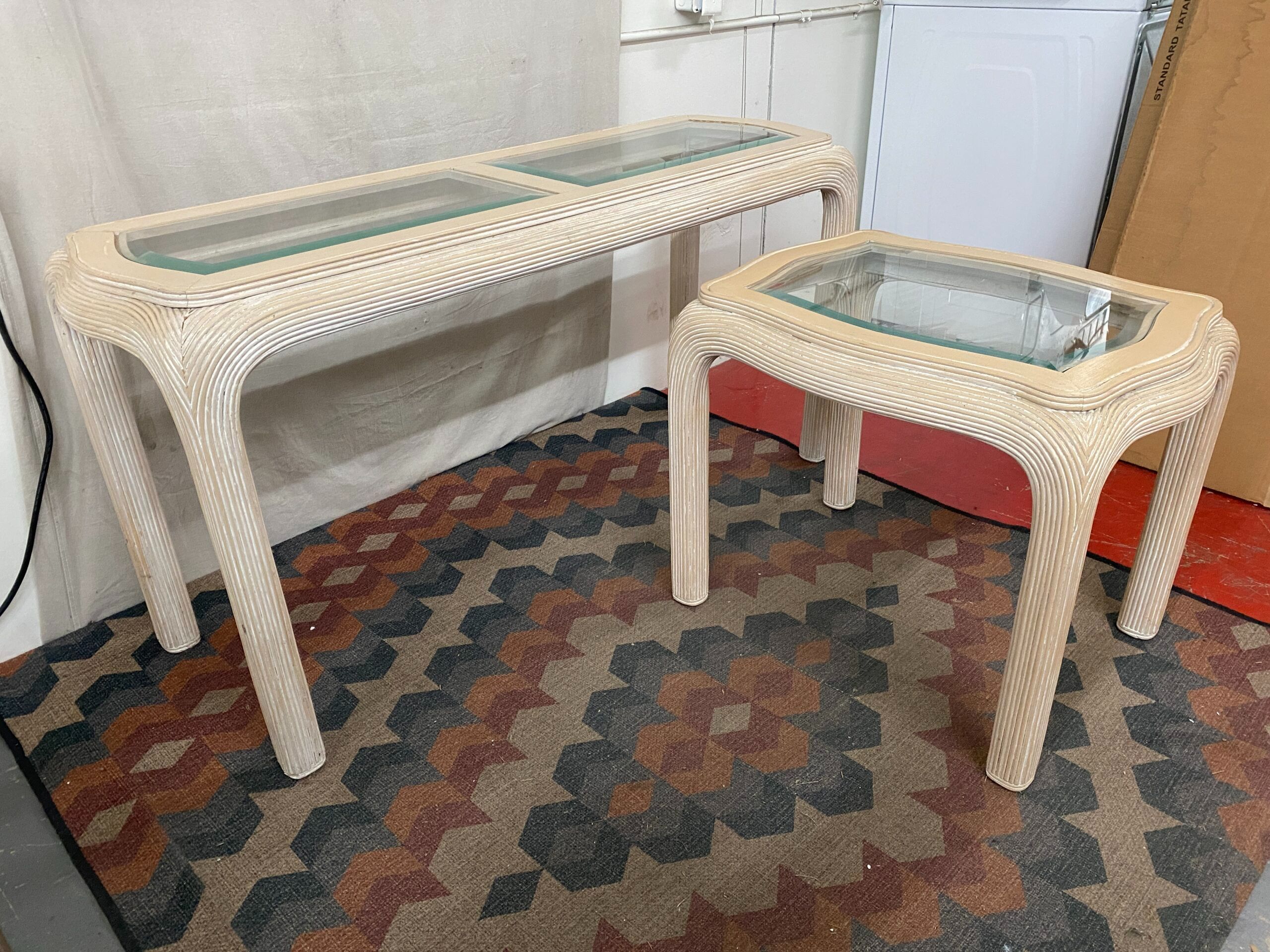 Vintage White Pencil Reed Side Console Table & Side Table (Set of 2)