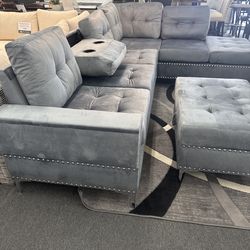 NEW OFFER Julia Charcoal Reversible Sectional w/ Drop Down and Storage Ottoman