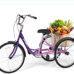 26 Inch Adult Tricycle, 7-Speed 3-Wheel Bike with Wide Padded Seat & Large Basket, 330LB Capacity Low Step-Through Trike for Seniors, Women, Men, Groc