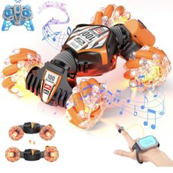 Gesture Sensing RC Stunt Car with Tail Spray, 2.4Ghz Remote Control Twist Racing Car Toys, Double Sided Rotating Off-Road Vehicle 360° Flips with Ligh