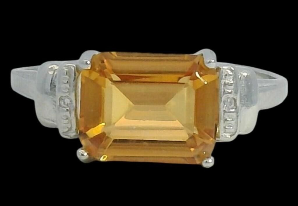 Brand NEW: Genuine  Natural Emerald Cut 2.10 Ct Citrine Ring With Genuine Diamond  Accents