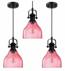 3 pack! Hanging Farmhouse Pendant Light Kitchen Island Black Pink Seeded Glass