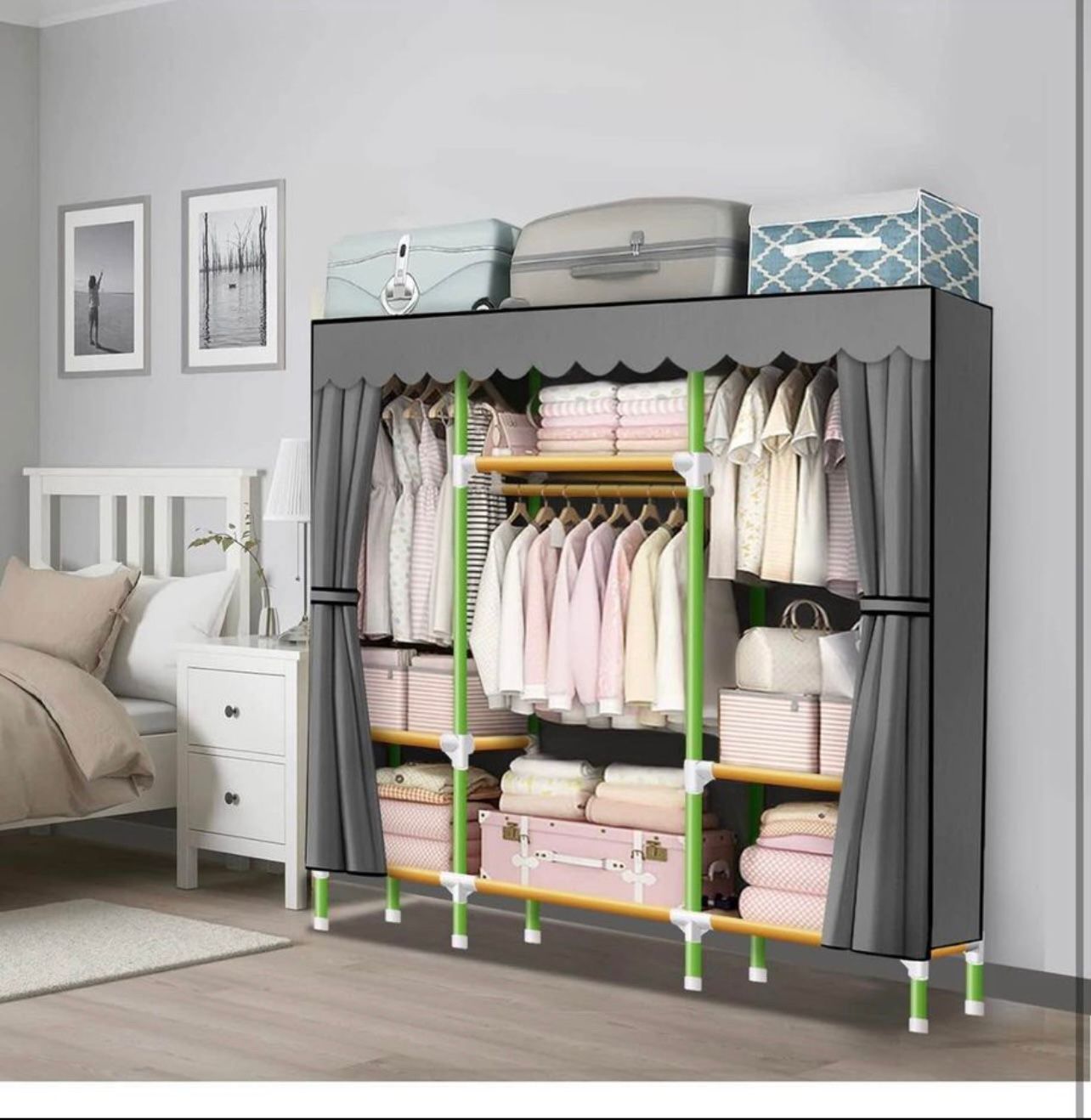 Portable Closet 57 Inch Wardrobe Closet Clothes Organizer with 3 Storage Shelves and 3 Hanging Rods, Cloth Closet of Colored Rods Grey Cover Quick and
