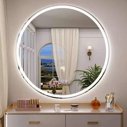 Bathroom smart mirror with three-color LED lights, 24”x24 round bathroom mirror,