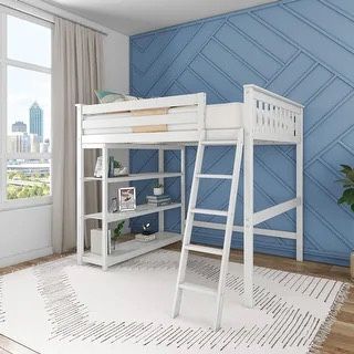 White Double Loft Bed with Ladder and Shelves