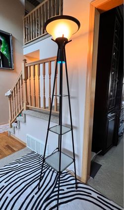 Tall Black Floor Lamp with Glass Shelves and Blue Accent Light