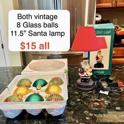 Vintage Santa Lamp and 8 glass ornament balls Christmas decor