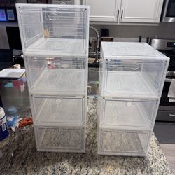 Set of 7 Clear Stackable Drop-Front Storage Bins – 10.5x13.5x7 – Shoe / Closet / Pantry Organizers