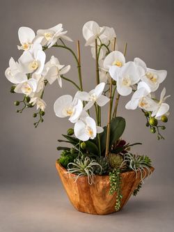 White Orchid Artificial Flower Arrangement in Wood Bowl