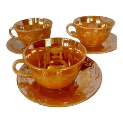 Set of 3 Fire King Peach Lustreware Cups and Saucers Laurel Leaf pattern.