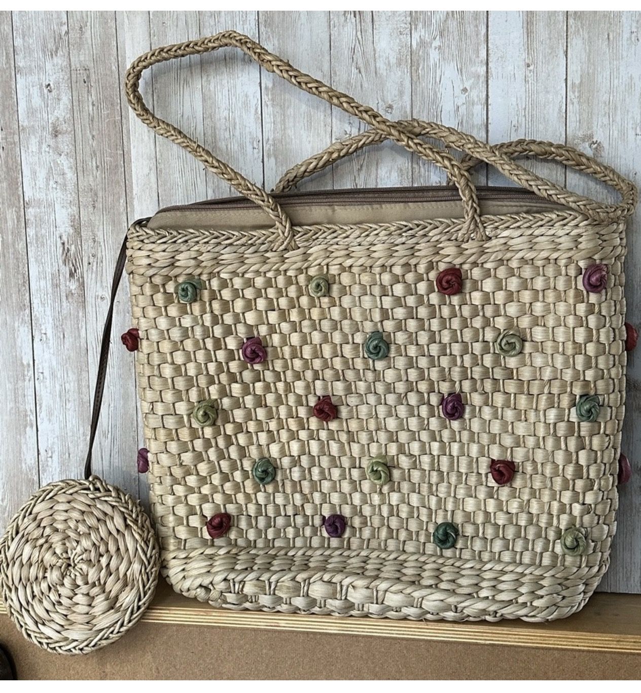 Handcrafted Straw Tote Bag with Floral Accents