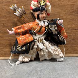 Vintage Japanese Samurai Warrior Doll – Bow & Arrow – Handmade Kimono Figure