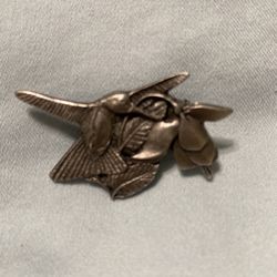 Birds and Blooms Premier Edition (1995-1996) Pewter Hummingbird and Flower Brooch /Pin.