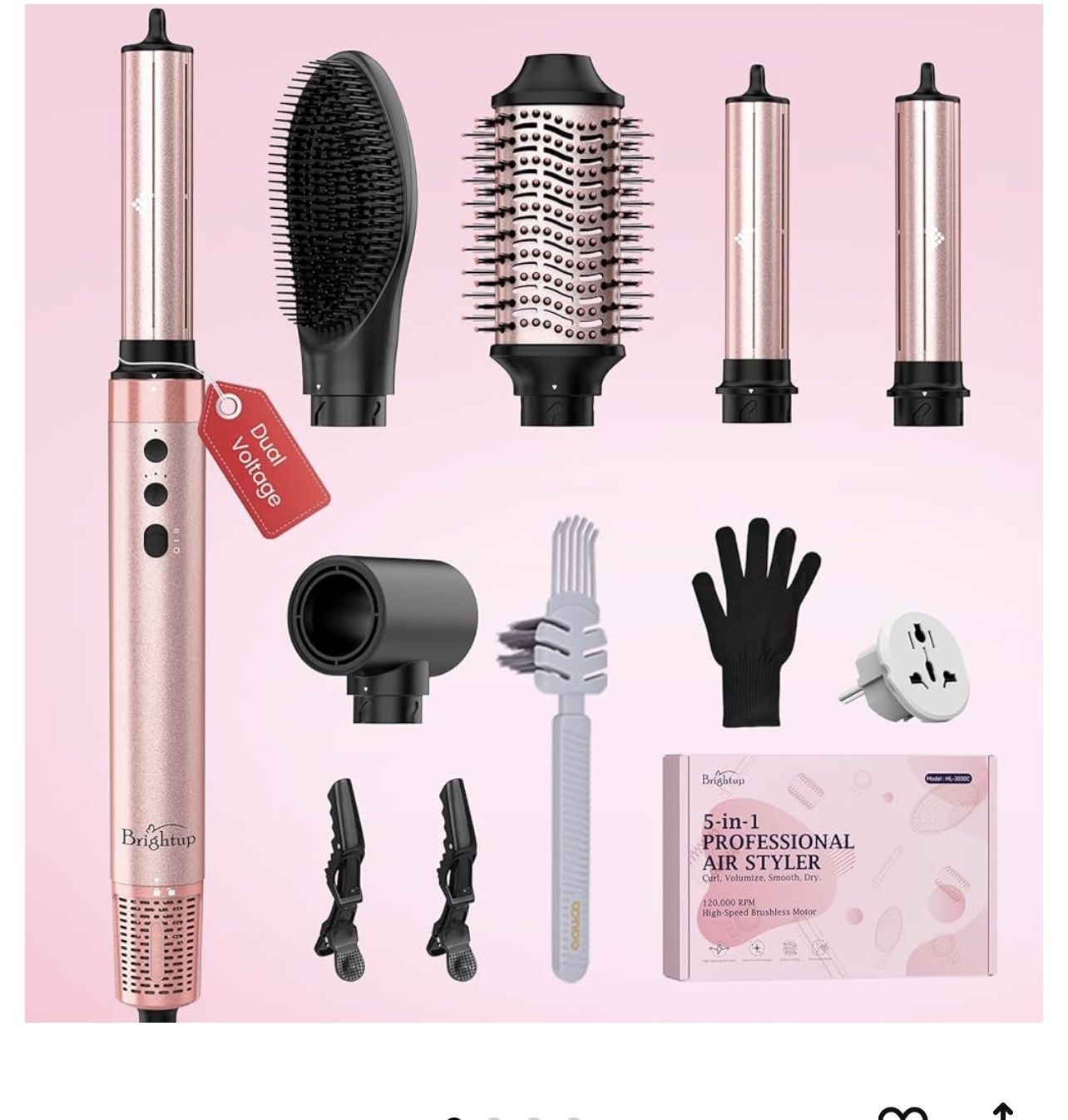 Brightup 5-in-1 High-Speed Hot Air Styler, 1400W Powerful Hair Dryer Brush, 120000 RPM, Negative Ion Thermal Brush, Cool Shot Button, Curling Iron,