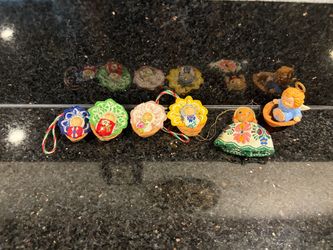 Vintage 6 Walnut Shell Cradle Baby Ornaments Embroidered Folk Dolls Handmade