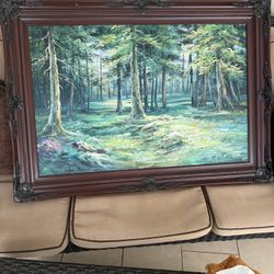 A hand-painted oil wall mural in shades of green and yellow.