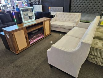 Brand New Sofa & Love Seat Beige Fabric W/ TV Stand Bluetooth Speaker, Electric Heather $699
