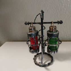 Vintage Red & Green Glass Nautical Salt And Pepper Shakers On Stand 