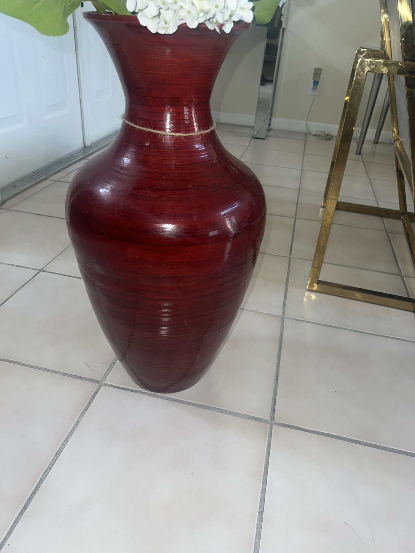 Red floor vase With Faux Flowers