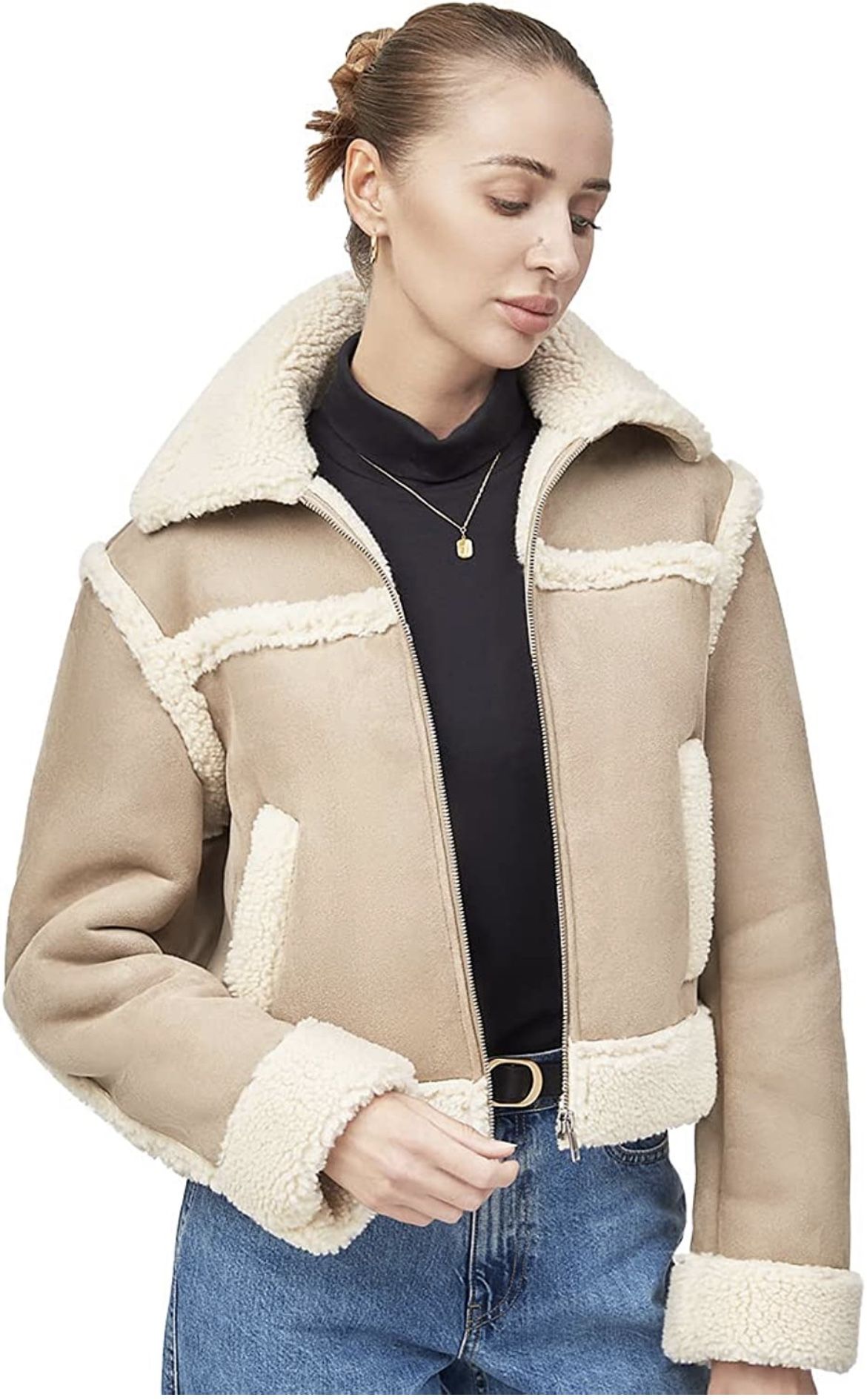 Yembulk Women's Wool Faux Fur Jacket Patchwork Sherpa Lined Jacket Faux Lambs Pea Coat Winter Warm Fleece Sherpa Jacket Short - Size XL