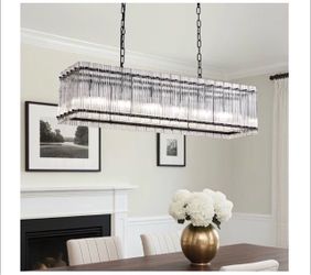 40 Inch Modern Black Crystal Chandelier for Dining Room, 6-Lights Large Ribbed Glass Rectangle Chandelier