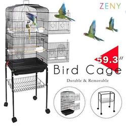 59.3 Inch Bird Cage, Rolling Wrought Iron Parrot Cage with Side-Out Tray, Storage Shelf, Pet Bird House for Parrot 