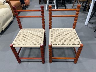 New - Pair of Bobbin Turned Wood Chairs with Woven Seats