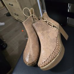 Women's Leather Flower Embossed Booties With Lace Up Sides 