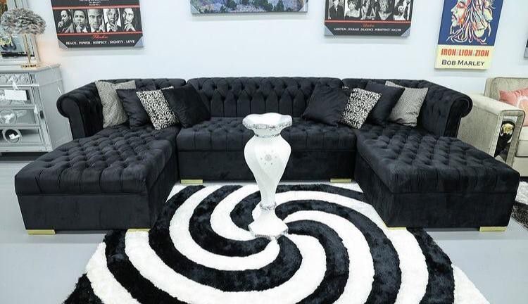 Black Velvet Double Chaise Sectional,seccional,couch/Delivery Available/ Financing Options/