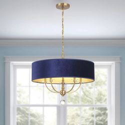 5 Light Aged Brass Gold And Blue Velvet Shade Chandelier
