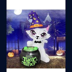 5Ft Halloween Inflatables Cat with Witch Cauldron Decoration, Blow Up Yard Decor Halloween Yard Inflatables Build-in LED Lights fo Lawn Party Garden O