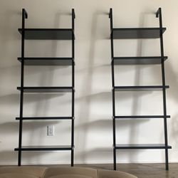 (2) Black Wood Wall Mount Ladder Bookshelf