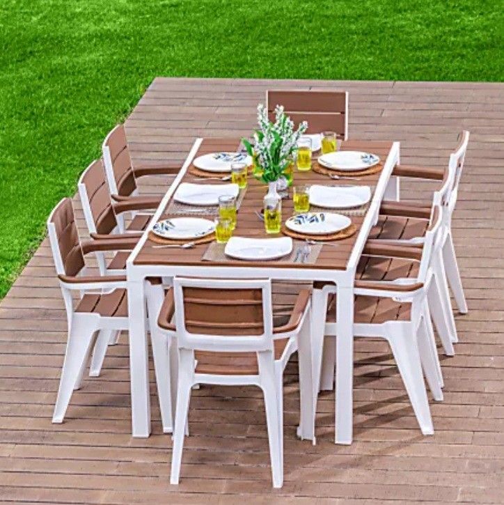Inval Madeira 9-Piece Indoor And Outdoor 8-Seat Rectangular Table And 8 Arm Chair Set, 29”H x 35”W x 70”D, White/Teak Brown