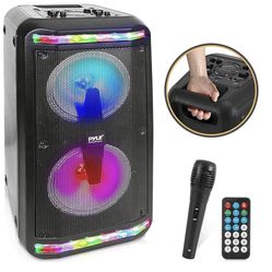 Pyle Bluetooth Speaker & Microphone System - Portable Stereo Karaoke Speaker with Wired Mic, Built-in LED Party Lights, MP3/USB, FM Radio (6.5’’ Subwo