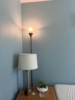 Two Silver Lamps With Lamp Shades