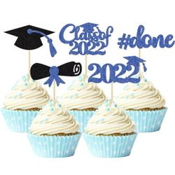 30Pcs Blue Glitter 2022 Graduation Cupcake Toppers Class of 2022 Graduation Done Cupcake Picks Grad Cap Diploma Cake Decorations for 2022 Graduation T