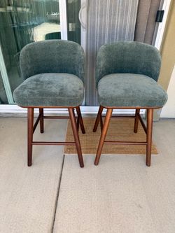 26” Pair of Mid-Century Modern Green Upholstered Counter Stools
