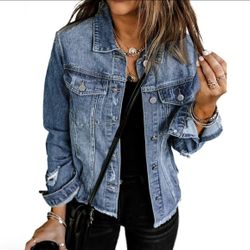 EVALESS Women’s Jean Jackets Casual Non Stretch Washed, Light Blue, 2XL