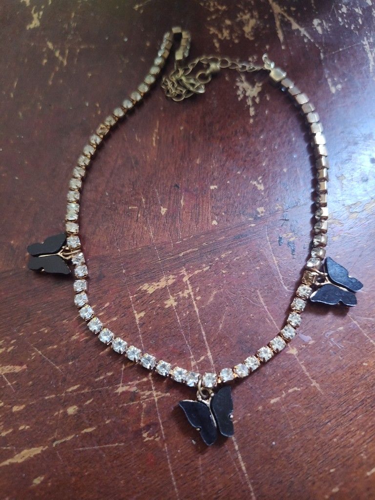 Rhinestone Golden Necklace Black Butterfly Charms