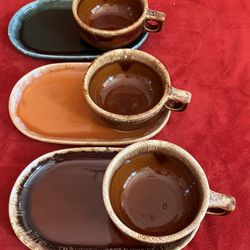 Lot VINTAGE HULL STONEWARE OVEN PROOF SOUP CHILI CEREAL BOWL With HANDLE SANDWICH SNACK TRAY ORANGE GREEN BROWN ‼️ Made in USA ‼️ See MORE Collection 