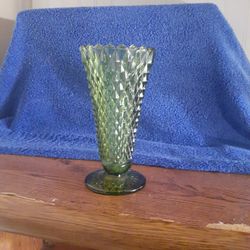 Vintage Green Indiana Glass Diamond Point Vase 8" Tall 