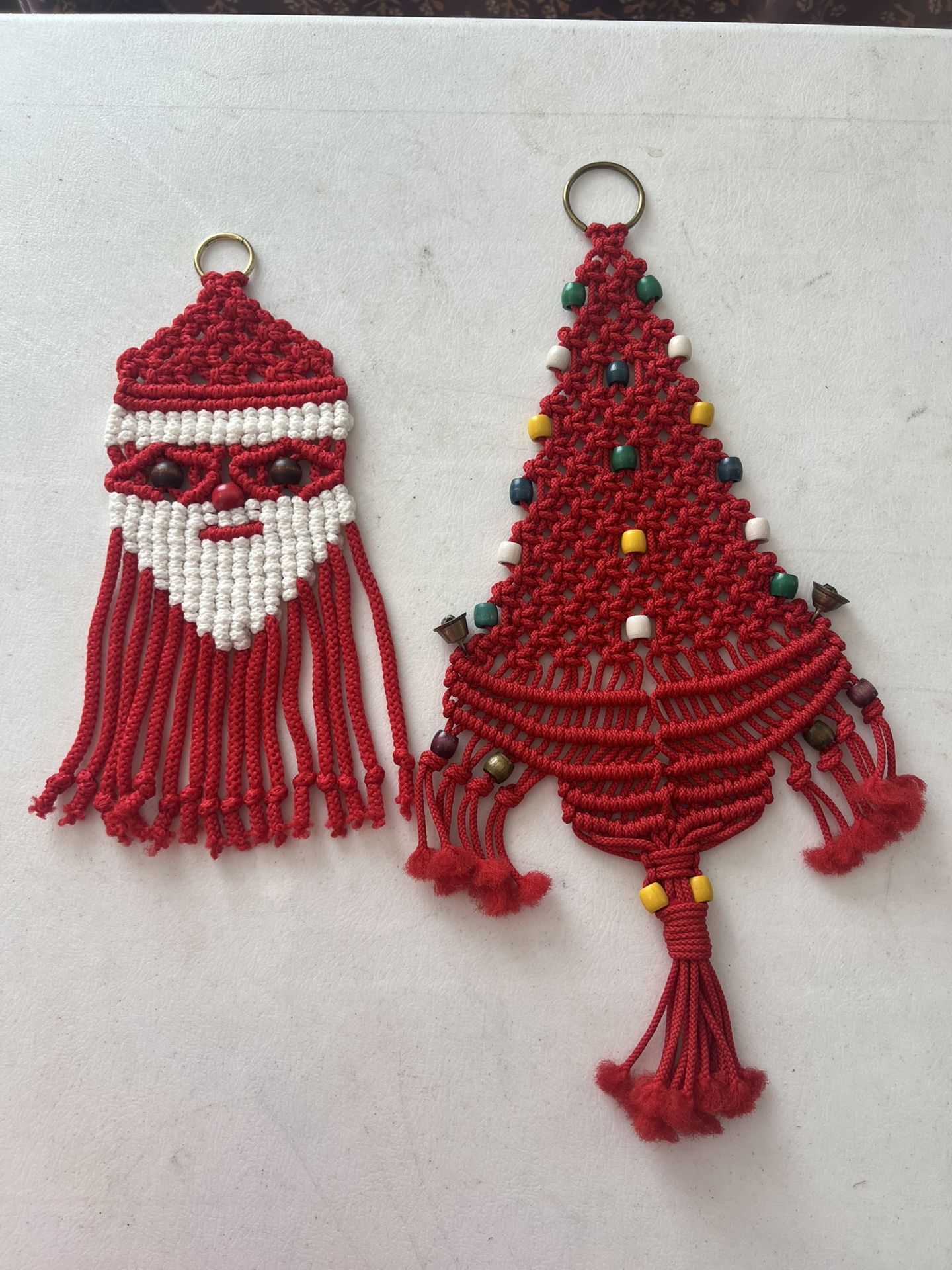 Christmas Macrame Santa and Tree with Bells Wood Beads Wall Hanging Boho MCM Vtg